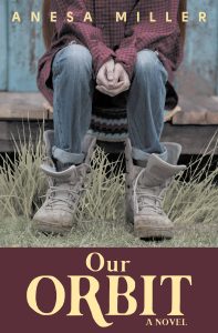 The fully redesigned cover the Booktrope edition of OUR ORBIT features a photograph of a young girl, from the shoulders down, seated on a bare wooden porch step, hands clasped between her knees. She wears a red-and-black checked shirt, old jeans, and oversized lace-up boots.