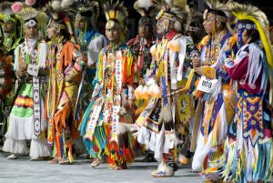 A photo shows a line of Cheyenne grass dancers in costume for competition at the 2007 National Pow Wow