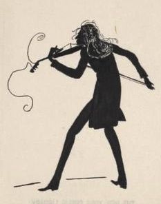 A 19th century black-on-white silhouette drawing of Paganini
